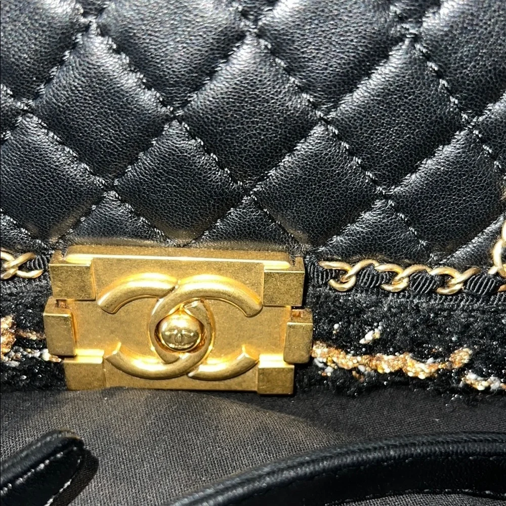 CHANEL Black and Gold tweed lambskin quilted braided jacket BOY flap bag